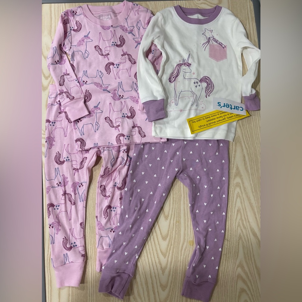 Carter's Pink Purple White Unicorn Hearts Baby Toddler Pajama Set Pjs